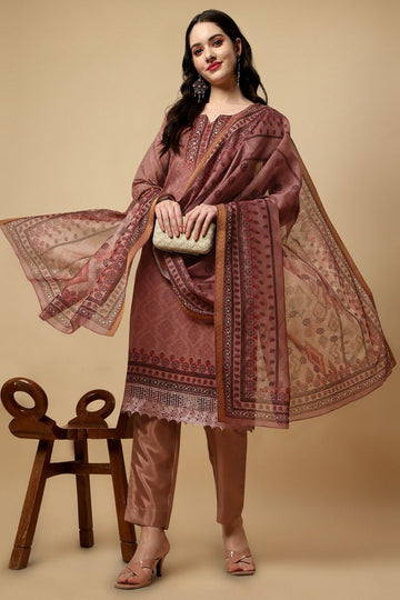 Brown Chanderi Silk Digital Printed Unstitched Salwar Suit